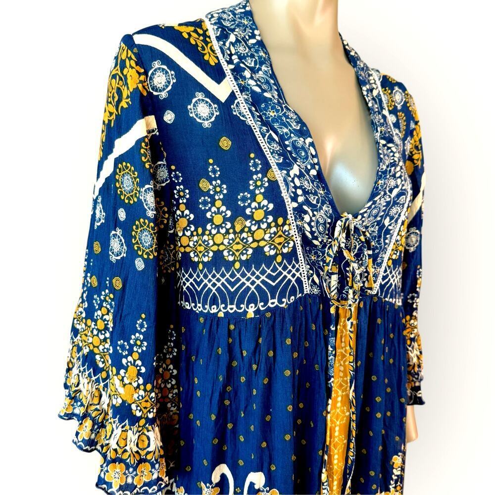 Millenium New Top Blouse Tunic Dress Womens L Bohemian Paisley Navy Gold Peasant - Picture 6 of 12